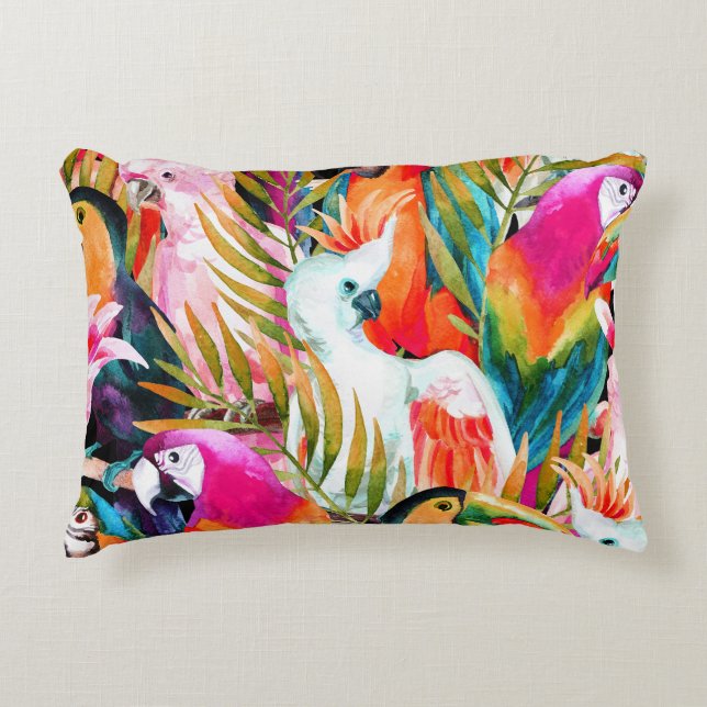 Watercolor Parrots: Tropical Seamless Pattern Accent Pillow (Front)