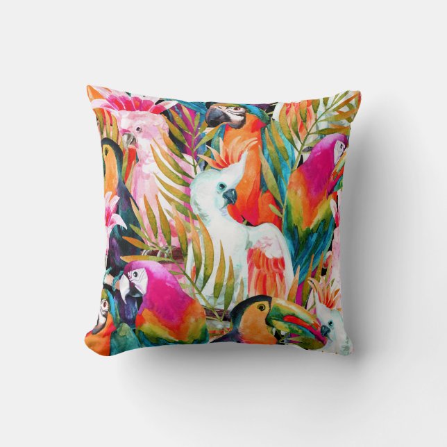 Watercolor Parrots: Tropical Seamless Pattern Throw Pillow (Front)