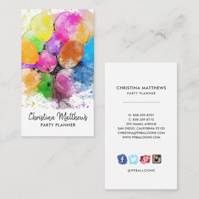 Watercolor Party Balloons Business Card (Front/Back)
