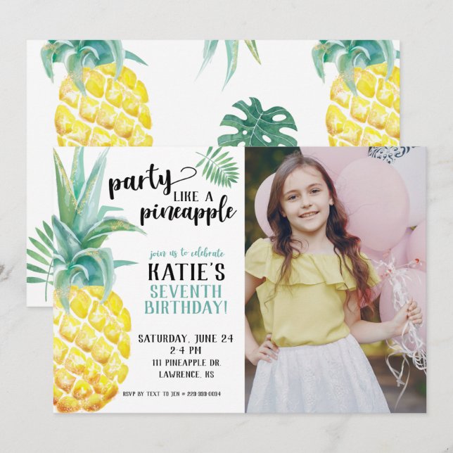 Watercolor Party Like A Pineapple Birthday Invitation (Front/Back)