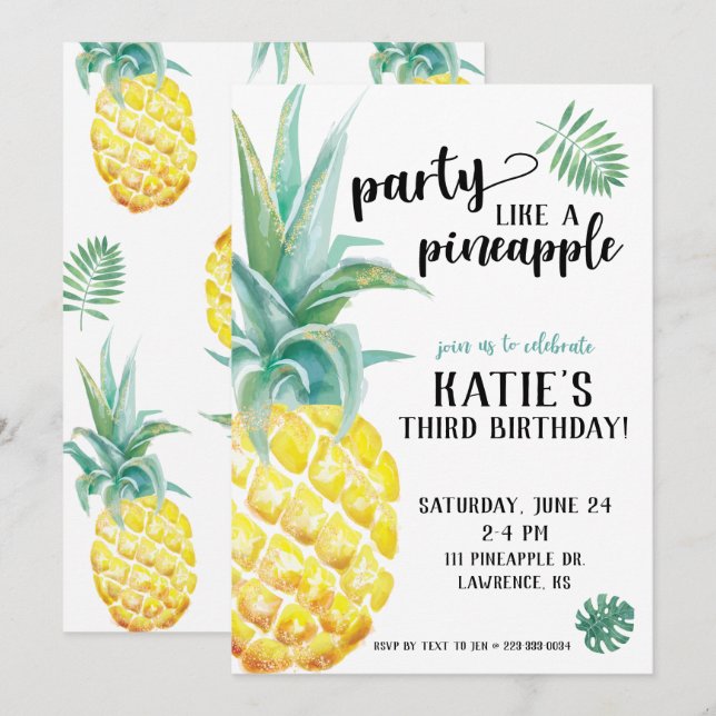 Watercolor Party Like A Pineapple Birthday Invitation (Front/Back)