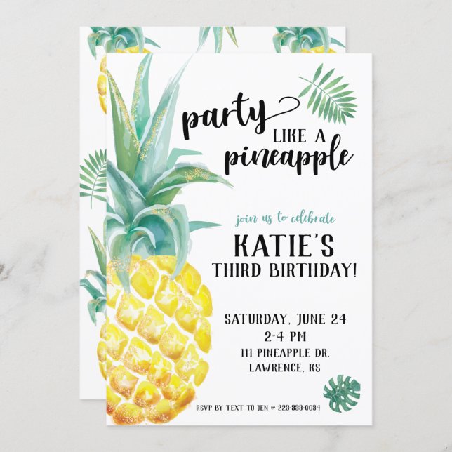 Watercolor Party Like A Pineapple Birthday Invitation (Front/Back)
