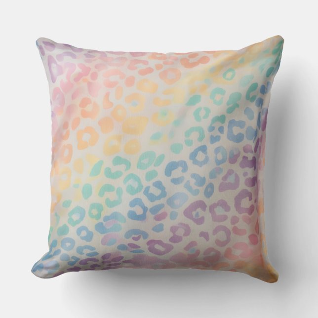 Watercolor Pastel Accents | Rainbow Leopard Print Throw Pillow (Front)