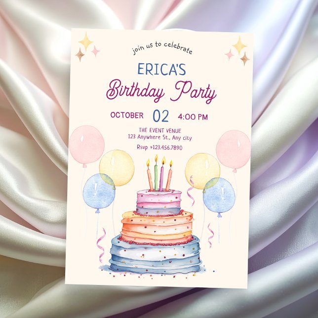 Watercolor pastel birthday cake  invitation (Creator Uploaded)