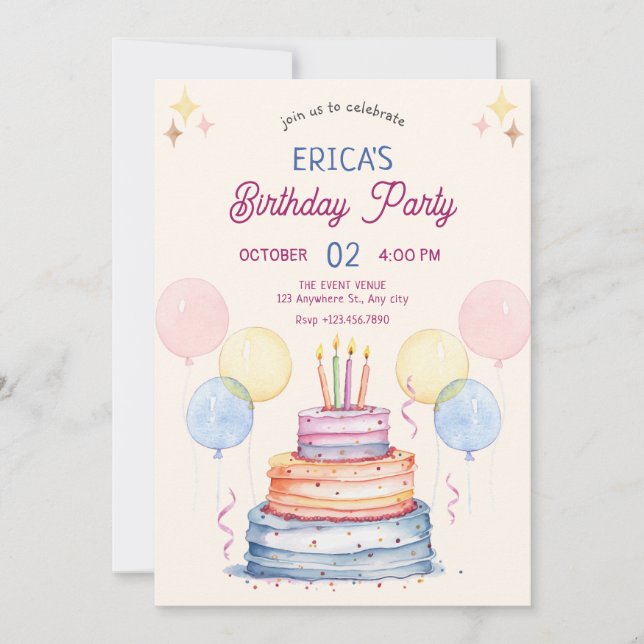 Watercolor pastel birthday cake  invitation (Front)