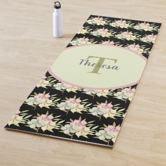 Watercolor Pastel Black Floral Monogram Name Yoga Mat