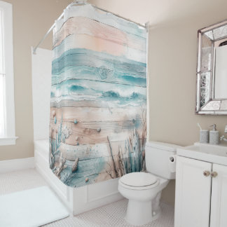 Watercolor Pastel Blue Beige Oceanic Seaside Wood Shower Curtain
