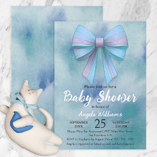Watercolor Pastel Blue Bow Tie Boy Baby Shower Invitation