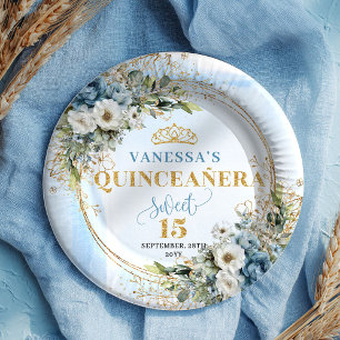 Watercolor Pastel Blue Floral Gold Quinceañera  Paper Plates