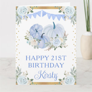 Watercolor Pastel Blue Floral Pumpkins Birthday Card