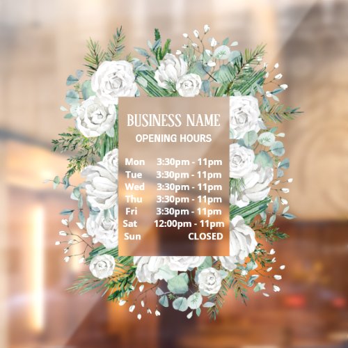 watercolor pastel blue floral wreath opening hours window cling