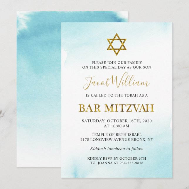 Watercolor Pastel Blue Gold Bar Mitzvah Invitation (Front/Back)