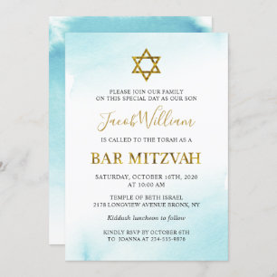 Watercolor Pastel Blue Gold Bar Mitzvah Invitation