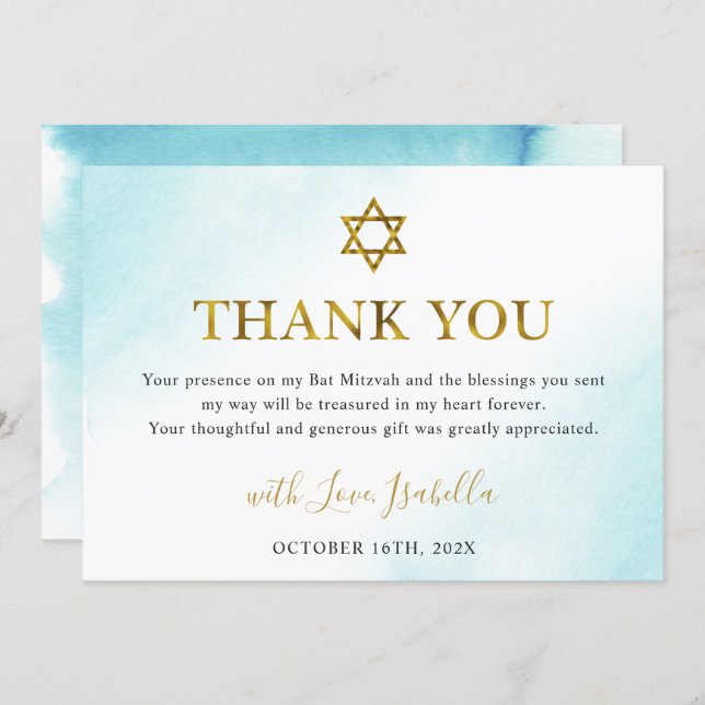 Watercolor Pastel Blue Gold Bat Mitzvah Thank You Card (Front/Back)