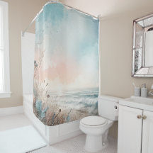 Watercolor Pastel Blue Pink Beach Seaside