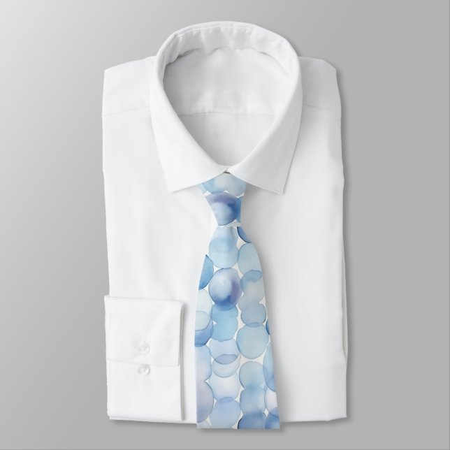 Watercolor Pastel Blue White Circles Pattern Neck Tie (Tied)