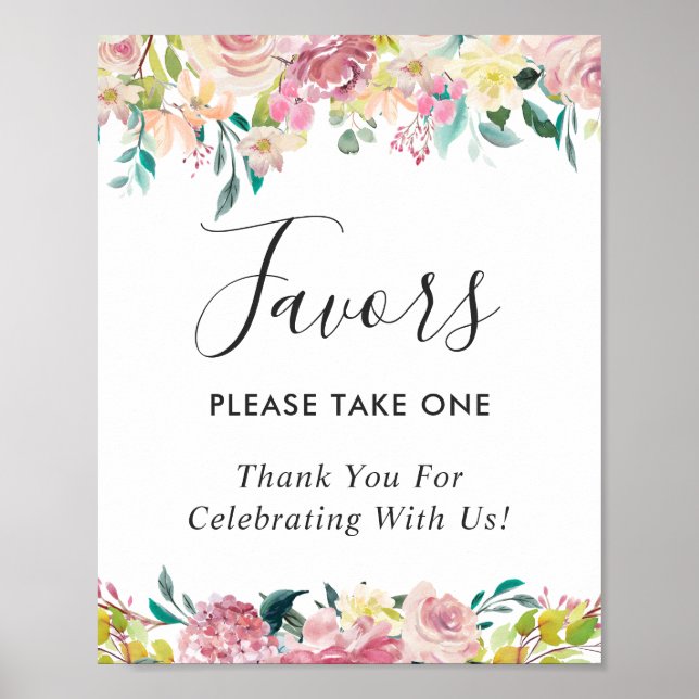 Watercolor Pastel Blush Floral Wedding Favors Sign (Front)