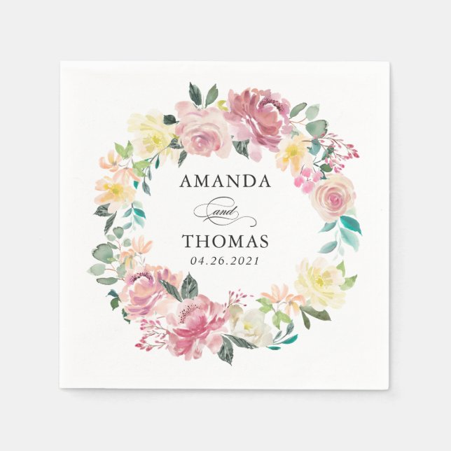 Watercolor Pastel Blush Floral Wreath Wedding Napkins (Front)