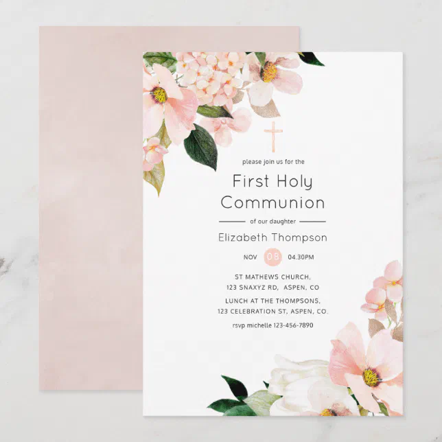 Watercolor Pastel Blush Pink Floral Holy Communion Invitation | Zazzle