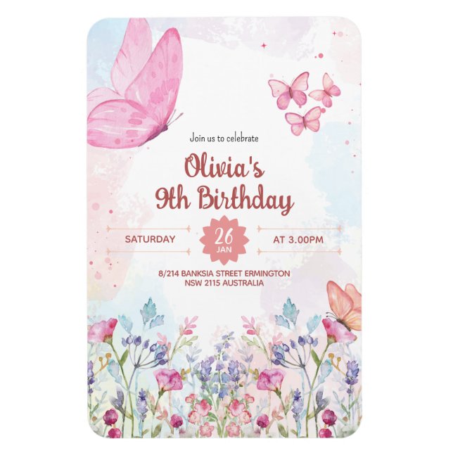 Watercolor Pastel Butterfly Birthday Invitation Magnet (Vertical)