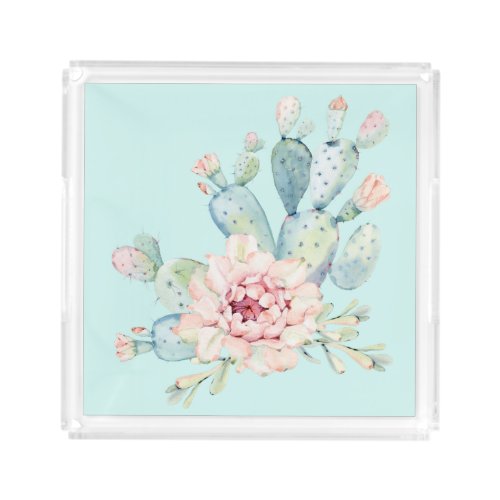 Watercolor Pastel Cactus and Pink Flower Acrylic Tray