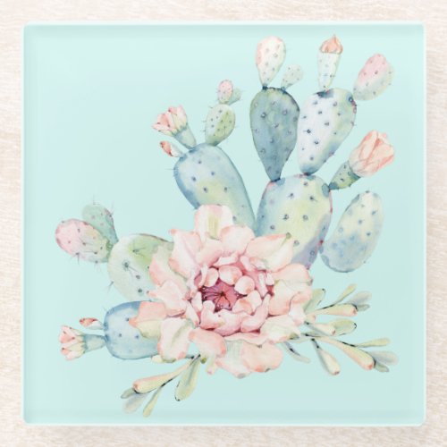 Watercolor Pastel Cactus and Pink Flower Glass Coaster