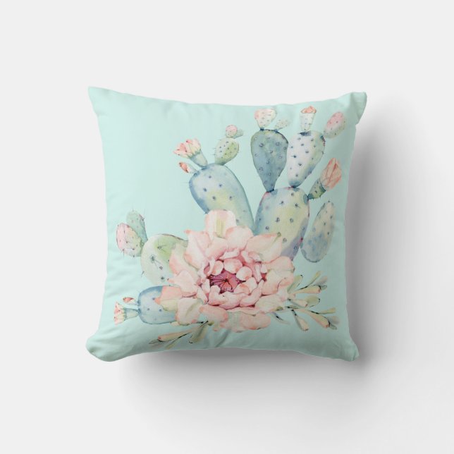 Watercolor Pastel Cactus and Pink Flower Throw Pillow (Front)