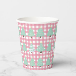 Watercolor Pastel Christmas Trees with Pink Plaid  Paper Cups