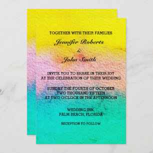 Watercolor Pastel Color Teal Yellow Modern Wedding Invitation