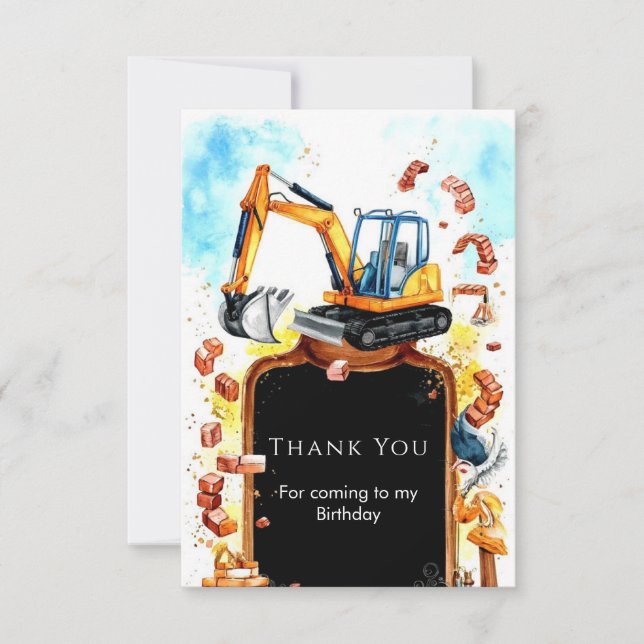Watercolor Pastel Construction Birthday Thank You Card (Front)