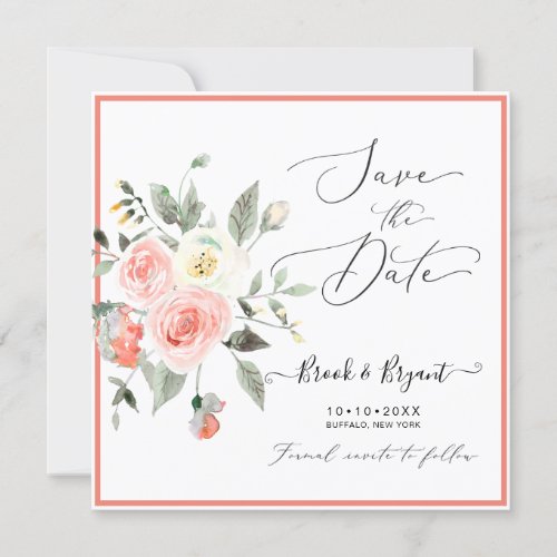 Watercolor Pastel Coral Roses Save the Date Invitation