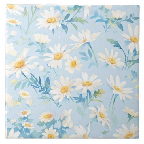 Watercolor Pastel Daisies Ceramic Tile