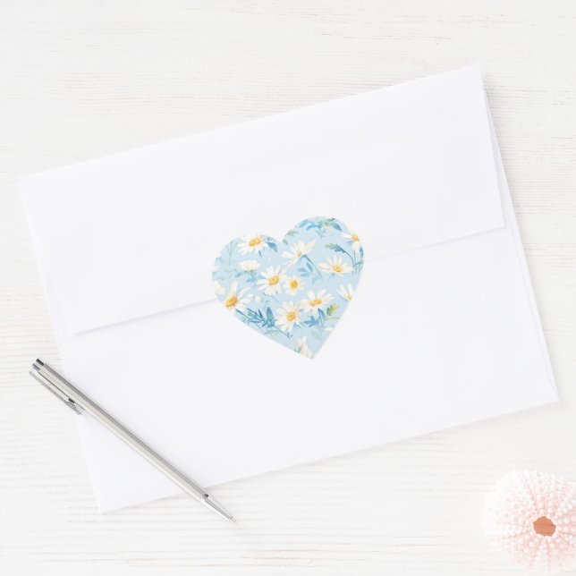 Watercolor Pastel Daisies Heart Sticker (Envelope)