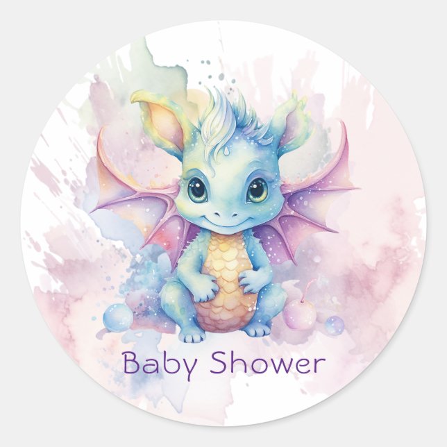 Watercolor Pastel Dragon Girl Baby Shower Classic Round Sticker (Front)