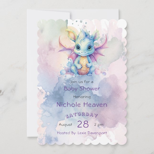 Watercolor Pastel Dragon Girl Baby Shower Cute Invitation (Front)