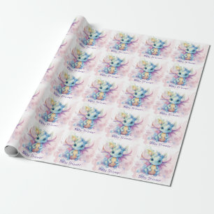 Watercolor Pastel Dragon Girl Baby Shower Wrapping Paper