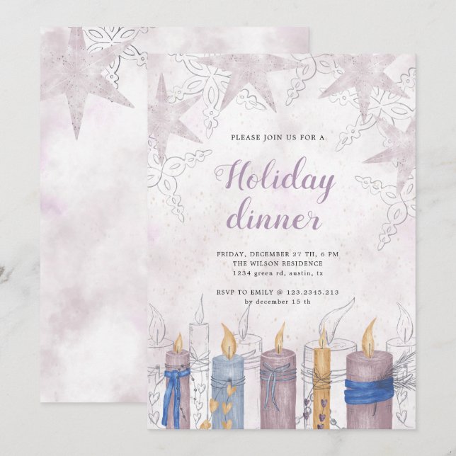 Watercolor pastel festive holiday dinner card (Front/Back)