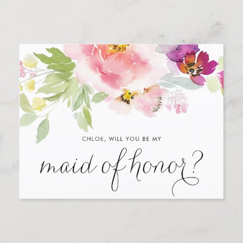 Watercolor Pastel Floral Be My Maid of Honor Card