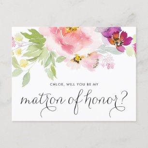 Watercolor Pastel Floral Be My Matron of Honor Invitation Postcard