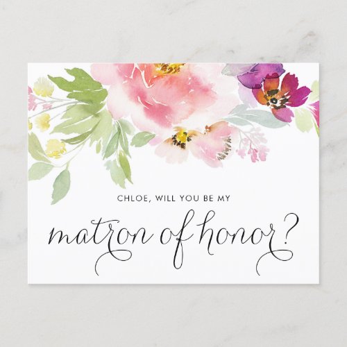 Watercolor Pastel Floral Be My Matron of Honor Invitation Postcard