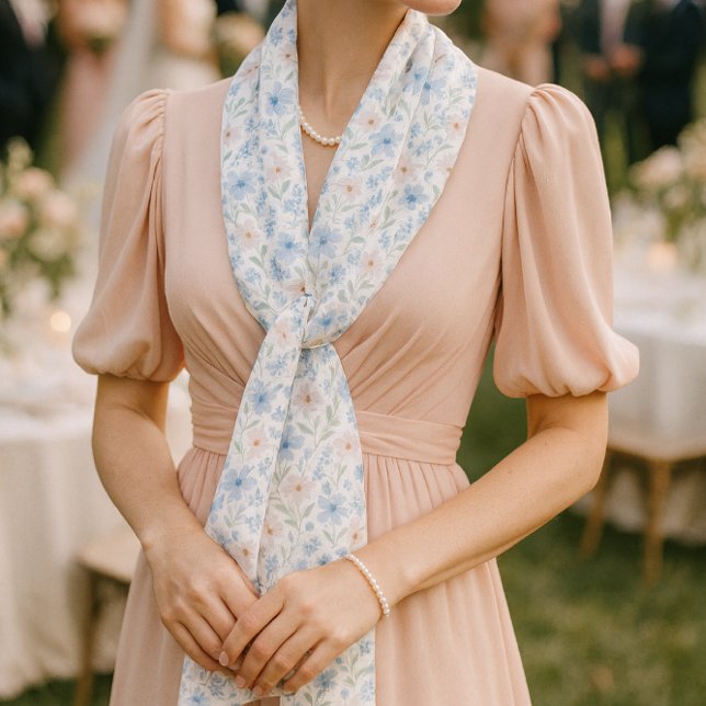 Watercolor Pastel Floral Chiffon Scarf (Romantic wedding guest in soft pink dress with pearls, draped in a floral chiffon scarf.)