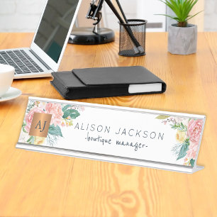 Watercolor pastel floral gold copper monogrammed desk name plate
