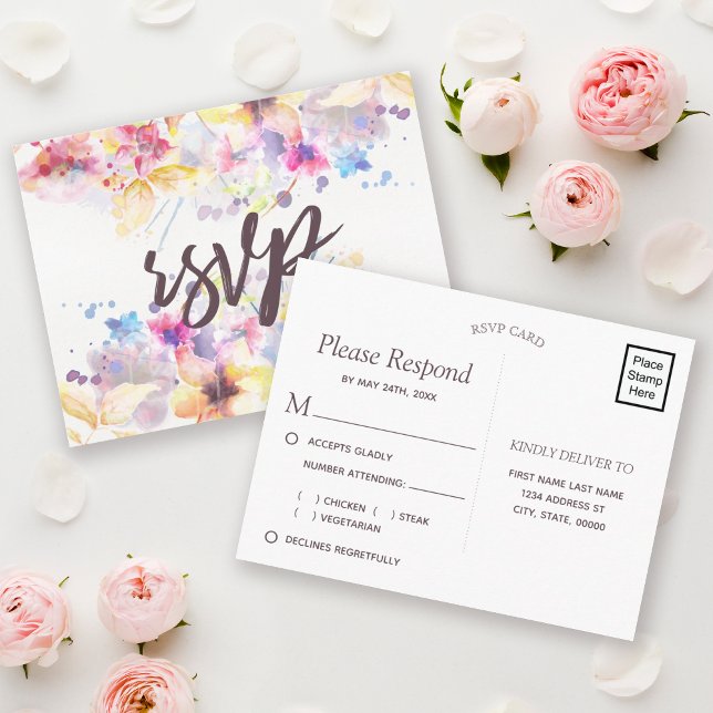 Watercolor Pastel Floral | Meal Choice RSVP Invitation Postcard (Creator Uploaded)