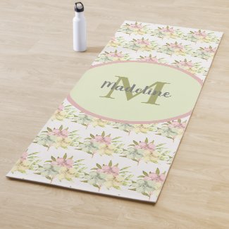 Watercolor Pastel Floral Monogram Name Yoga Mat