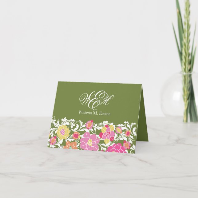 Watercolor Pastel Floral Monogram Note Card (Front)
