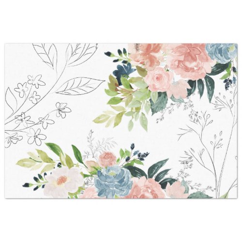 Watercolor pastel floral painted peonies foliage tissue paper