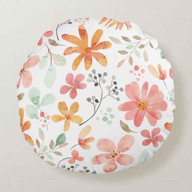 Watercolor Pastel Floral Pattern, Tranquility, Round Pillow (Front)