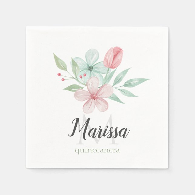 Watercolor Pastel Floral Quinceanera Birthday Napkins (Front)