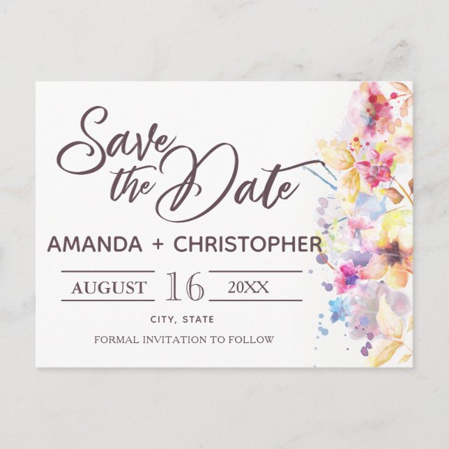 Watercolor Pastel Floral | Save the Date Postcard (Front)