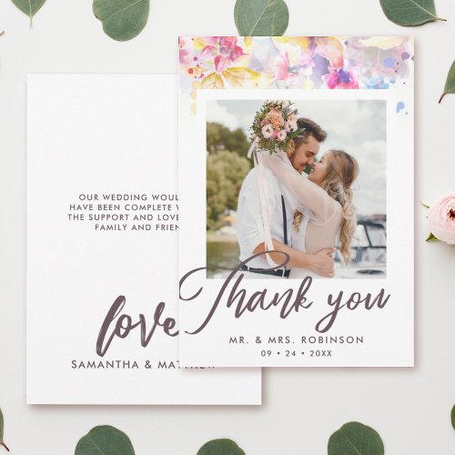 Watercolor Pastel Floral Wedding Photo Thank You Card